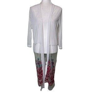 Women White Boho Open Front Duster Cardigan Embroidered Hem Longline Sz S/M